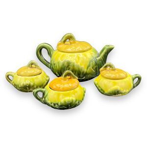 Vintage Miniature Pumpkin Squash Teapot Cup Lid Set of 4 Majolica Green Yellow